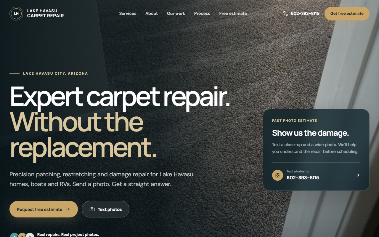 Homepage of Lake Havasu Carpet Repair, a carpet repair website in Lake Havasu City, AZ